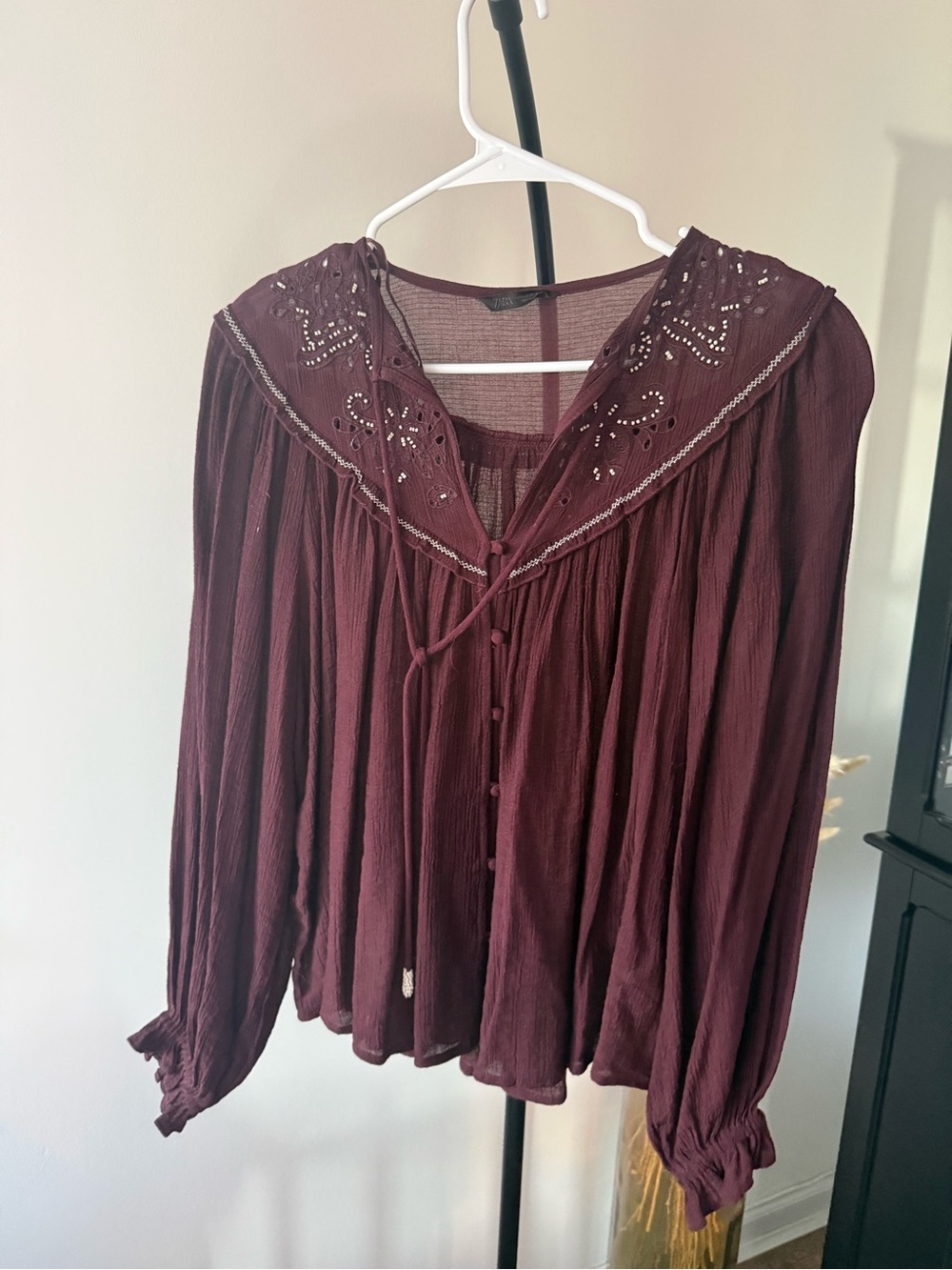 Zara Burgundy Boho Embroidered Tie-Neck Blouse